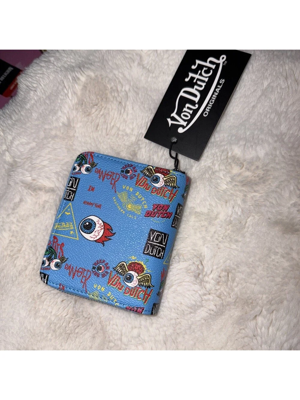 VON DUTCH Hot Blue Faux LEATHER Logo JAX Flying EYEBALL Small BIFOLD Wallet NWT